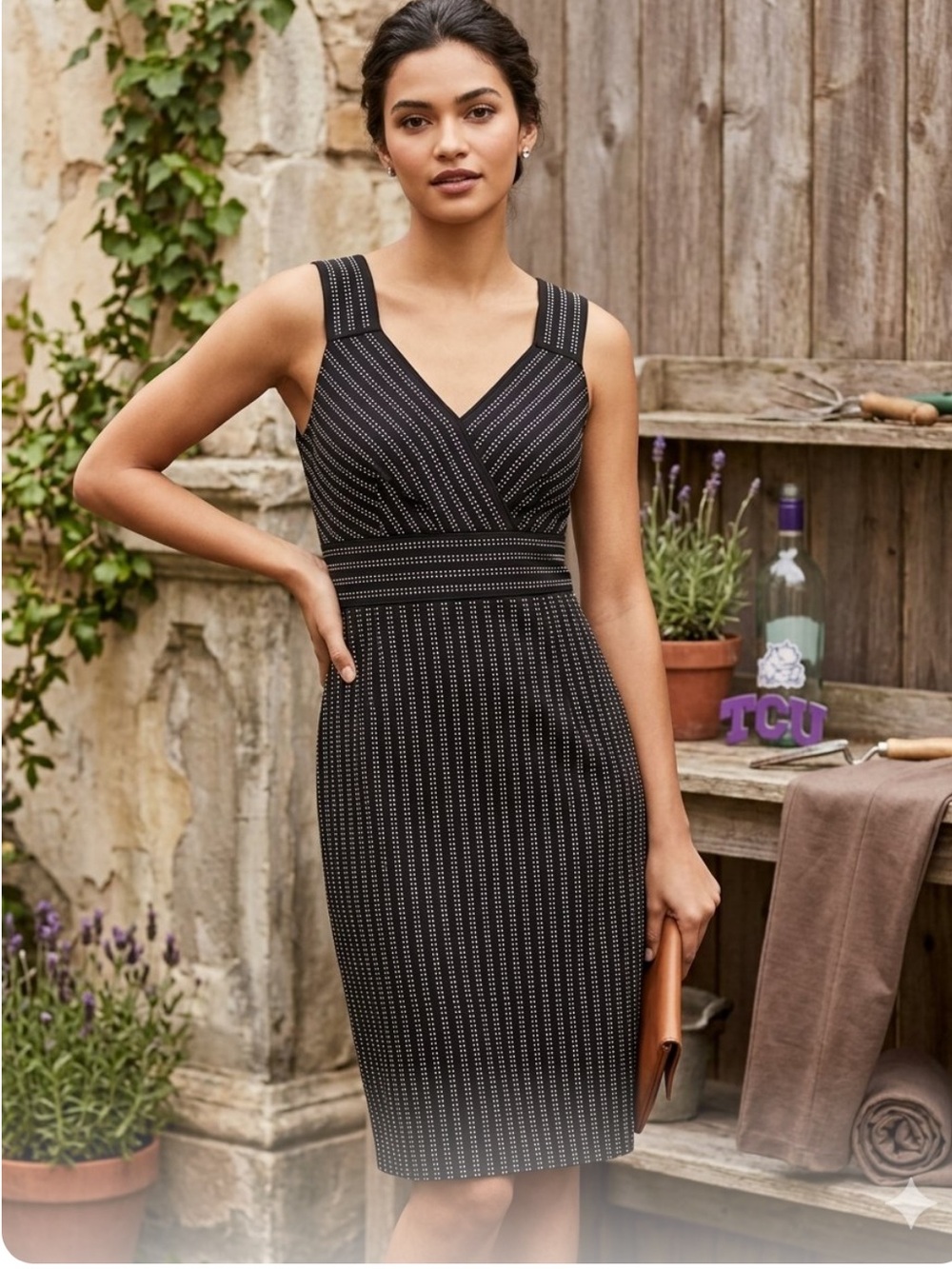 👗Ann Taylor Black Sleeveless Stud-Striped V-Neck Sheath Dress